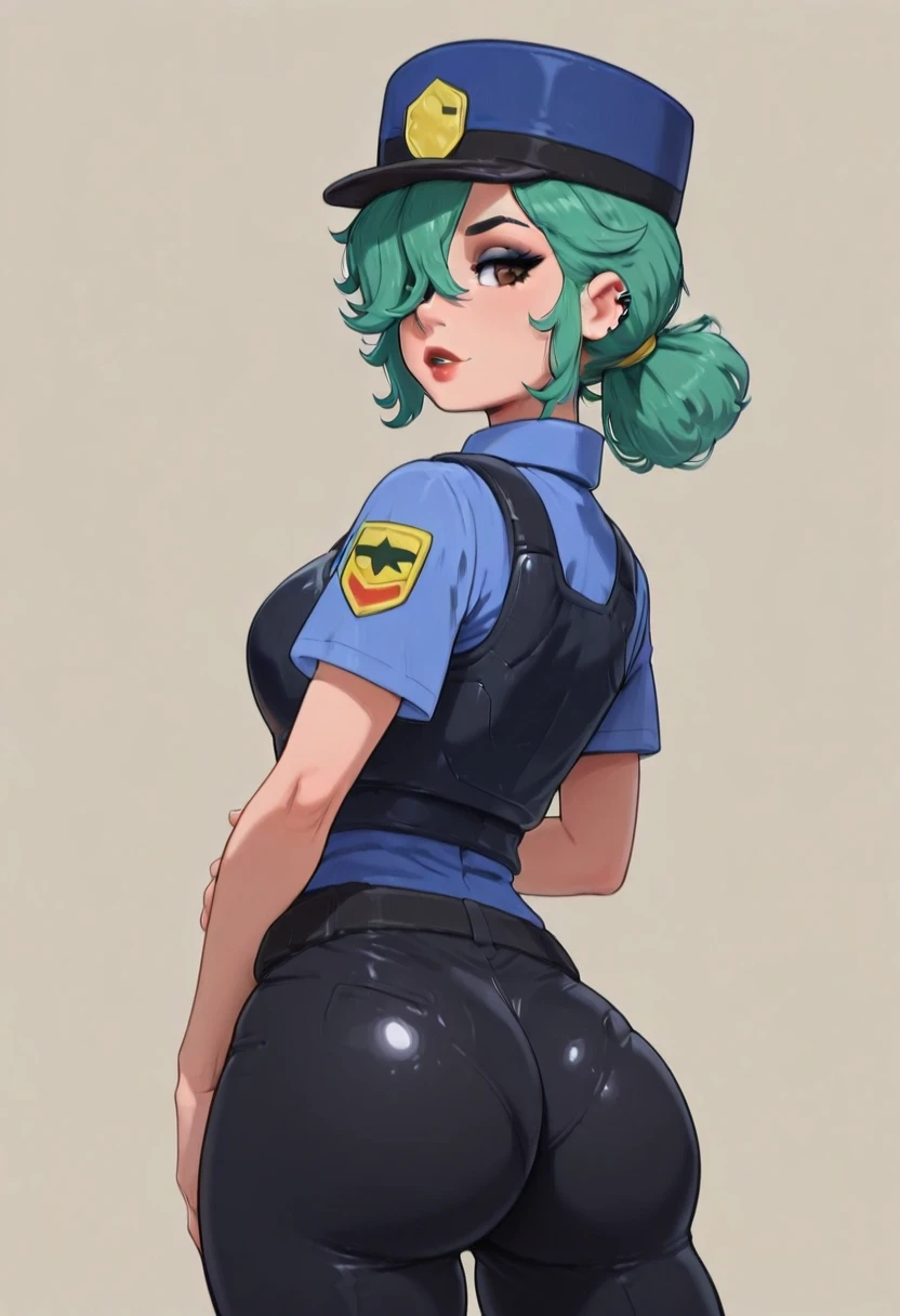 masterpiece, best quality, solo, curvy, beautiful eyes, zzJenny, brown eyes, hair between eyes, green hair, long hair, ponytail, short hair, police uniform, policewoman, shirt, police hat, blue shirt, collared shirt, black pants, , <lora:JennySunMoon_IXL:1.0>,, solo, looking at viewer, simple background, ass, cowboy shot, looking back, from behind, hair over one eye, lips, skindentation, makeup, piercing, cross, lipstick, ear piercing, eyeshadow, shiny clothes, gothic, <lora:ElfFio_IXL_v2:1.0>,