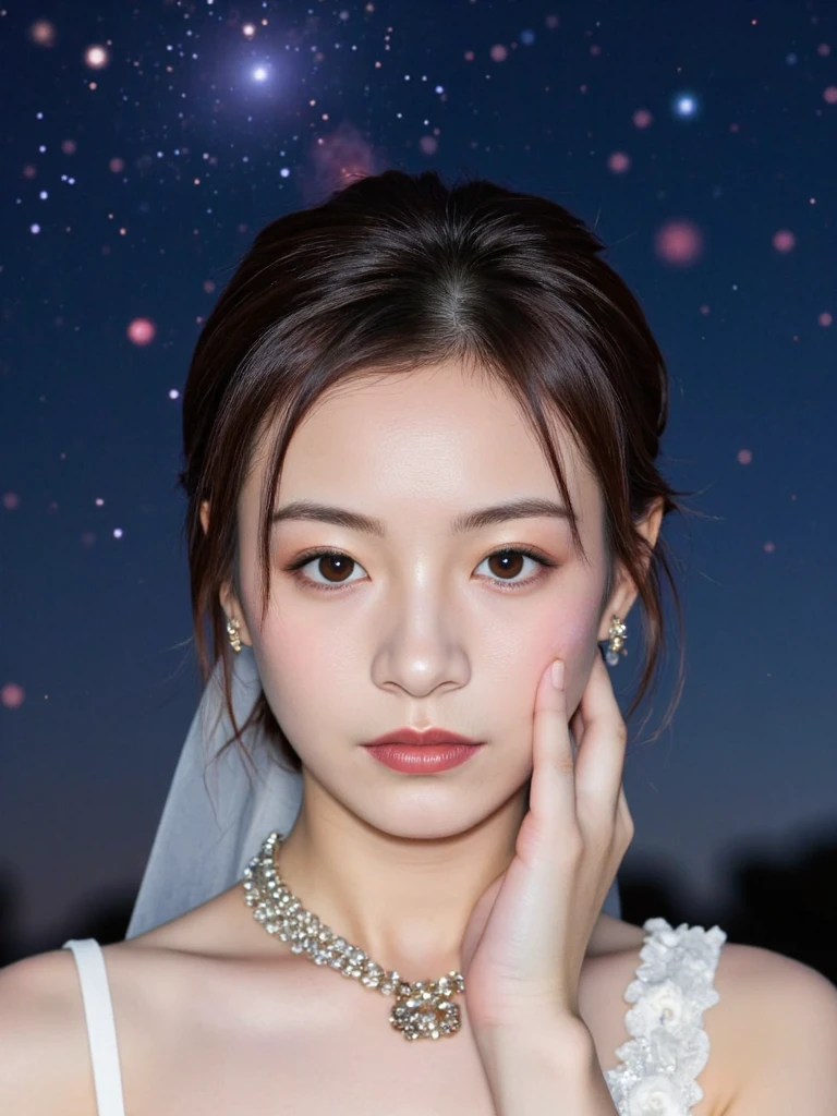 (text "buzz me please" in sky:1.3),
There are wonderful studio lights and various reflections,
her thin face is very delicate,skin naturally showing the texture of blood vessels,detailed pale skin,
18yo beautiful cute girl with blushing and female orgasm,
wearing a wedding dress,complicated necklaces,--,
<lora:Gengxi_Li_f1-step910:1>,chinese actress,
--,Beautiful night,stars on sky,(night theme:1.3),(Official_wallpaper:1.3),(Nebula in sky:1.3),