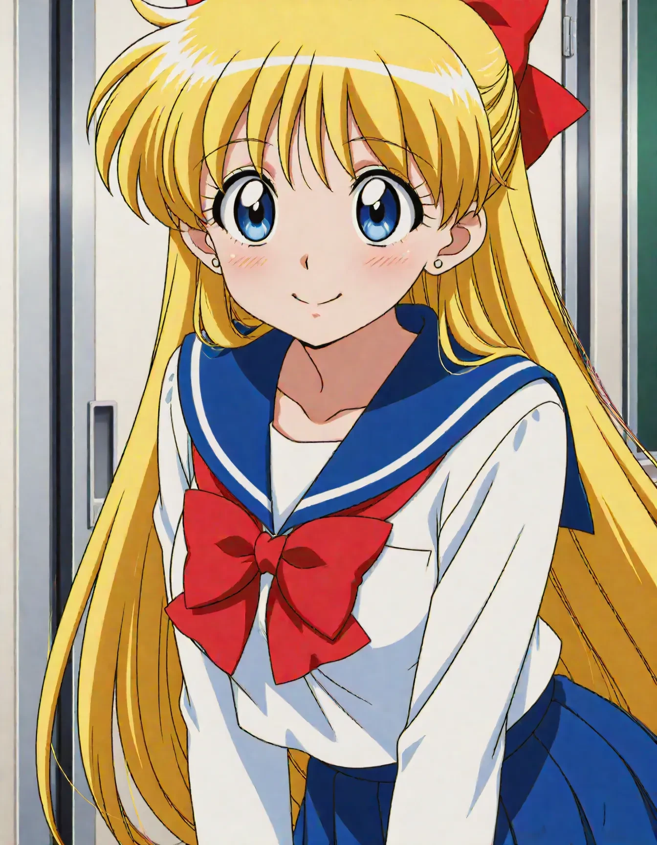 1girl,<lora:dmd2_sdxl_4step:1>,official style,masterpiece,best quality,newest,absurdres,highres,very awa,Anime,anime coloring,anime screencap,<lora:sailor_venus_V4.1:1>,aino minako,solo,blonde hair,long hair,blue eyes,medium breasts,jewelry,earrings,school uniform,sailor collar,skirt,blue skirt,hair bow,white shirt,blue sailor collar,serafuku,shirt,long sleeves,pleated skirt,bow,red bow,red bowtie,bowtie,