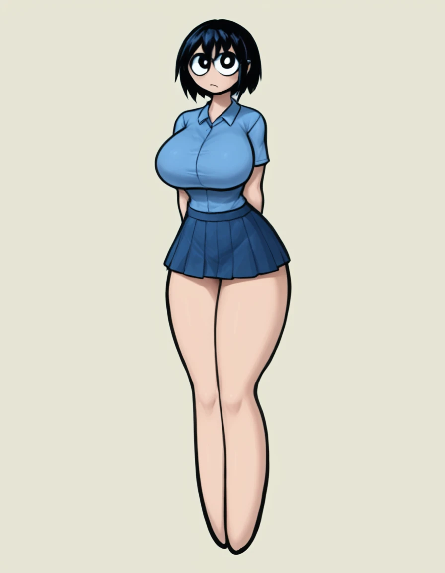 A beautiful woman, beautiful, good, big breast, short navy blue hair, orange eye, pink lip, wearing a purple sleeveless button-down top, showing her navel, and light gray pants, brown shoes, black gloves.
