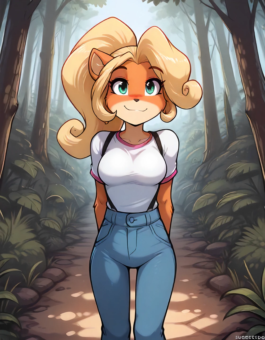 masterpiece, best quality, newest, absurdres, highres, very awa, 1girl, solo, medium breasts, slim, petite, anthro, furry, <lora:TomFischbach_IL_epoch_3:1>, (tomfischbachcolour:1.0), tomfischbachcolour, forest background, hands behind back, arms behind back, coco_bandicoot, anthro, female, <lora:coco_bandicoot:1>, denim, suspenders, smile, cute face,