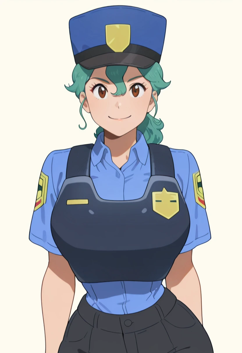 masterpiece, best quality, solo, curvy, beautiful eyes, zzJenny, brown eyes, hair between eyes, green hair, long hair, ponytail, short hair, police uniform, policewoman, shirt, police hat, blue shirt, collared shirt, black pants, , <lora:JennySunMoon_IXL:1.0>,, smile, looking at viewer, cowboy shot, <lora:IckpotIXL_v1:1.0>,