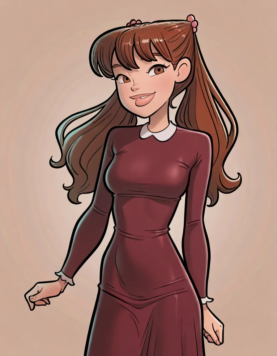 <lora:JuliaHarveyIllustrious1.0:1.0> julia, brown hair, long hair, 1girl, twintails, hair bobbles, thick lips, brown eyes,red dress, looking at viewer, long sleeves, smile, cowboy shot, simple background, , masterpiece,best quality,amazing quality,very aesthetic,absurdres,newest, <lora:JAB_Illustrious:0.6> jabstyle