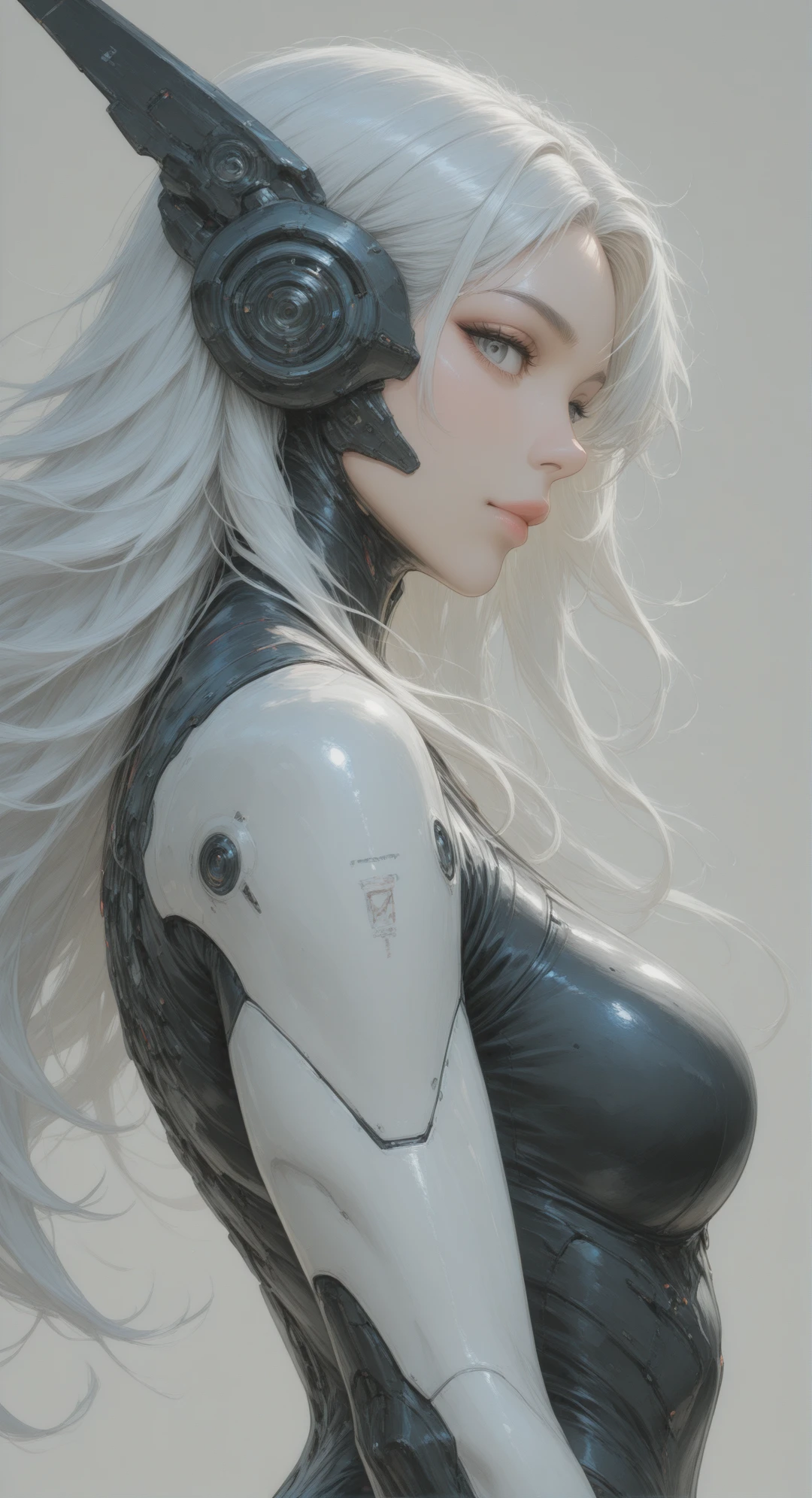 high-tech aesthetics,1girl,solo,long hair,looking at viewer,bodysuit,simple background,from side,grey eyes,upper body,lips,grey background,realistic,shiny,profile,science fiction,closed mouth,white hair,headgear,masterpiece,newest,absurdres,incredibly absurdres,abstract background,concept art,depth of field,volumetric lighting,dynamic angle,epic composition,epic proportion,masterpiece,best quality,amazing quality,very aesthetic,newest,detailed background,detailed environment,