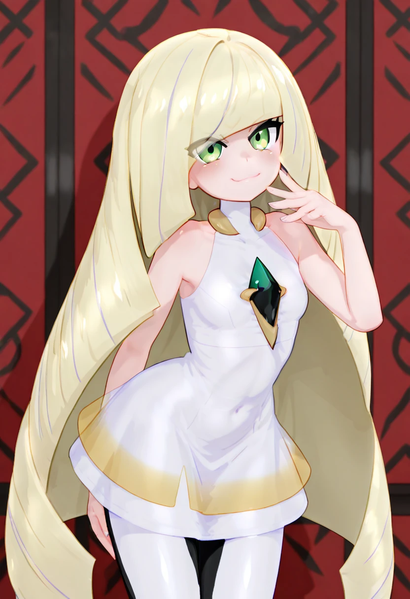 masterpiece, best quality, solo, curvy, beautiful eyes, zzLusamine, green eyes, blonde hair, long hair, very long hair, hair over one eye, bangs, white dress, sleeveless dress, diamond (shape), green gemstone, bare shoulders, white leggings, , <lora:LusaminePokemon_IXL:1.0>,, smile, looking at viewer, cowboy shot, leaning forward, smug, <<lora:MantisIXL_v2:1.0>,