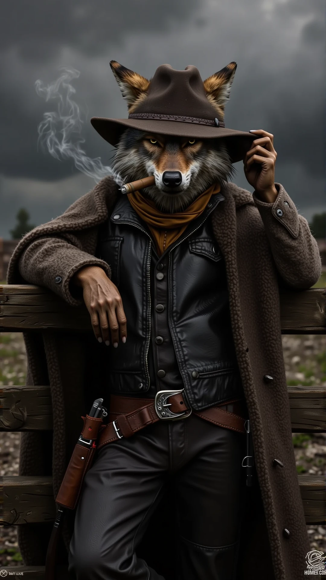 Anthropomorphic wolf leaning against a wooden fence, smoking a cigar while adjusting the brim of its cowboy hat. It wears a thick wool poncho, a dark leather vest, and a rugged belt with a silver buckle. A revolver sits holstered at its hip, and a hunting knife is strapped to its thigh. The background features a stormy sky over an abandoned outpost, creating a moody Western atmosphere. Highly detailed, realistic textures, western theme, cowboy, outlaw, gunslinger, revolver, moody lighting.
<lora:ral-anthropomorphic-flux:1>