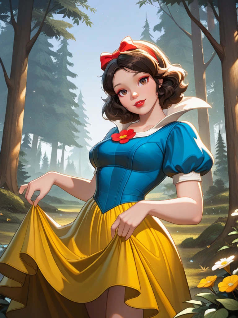 highres, hi res, best quality, masterpiece, cute,
1girl, medium breasts, (SnowWhiteXL:1.1), black hair, brown hair, brown eyes, hair bow, hair band, blue dress, puffy short sleeves, yellow skirt,,makeup, red lips, parted lips,
light smile, dutch angle, sexy pose, happy, looking at viewer, forest, flowers, vegetation, trees, leafs, sunlight, sky, dress lift, daylight, outdoors, dynamic pose, cowboy shot, head tilt, light particles, from above, portrait,
<lora:SnowWhite_V2:0.75> <lora:AMarvelRivals_style-06:1> MarvelRivals,,, semi realistic, cartoon,,,