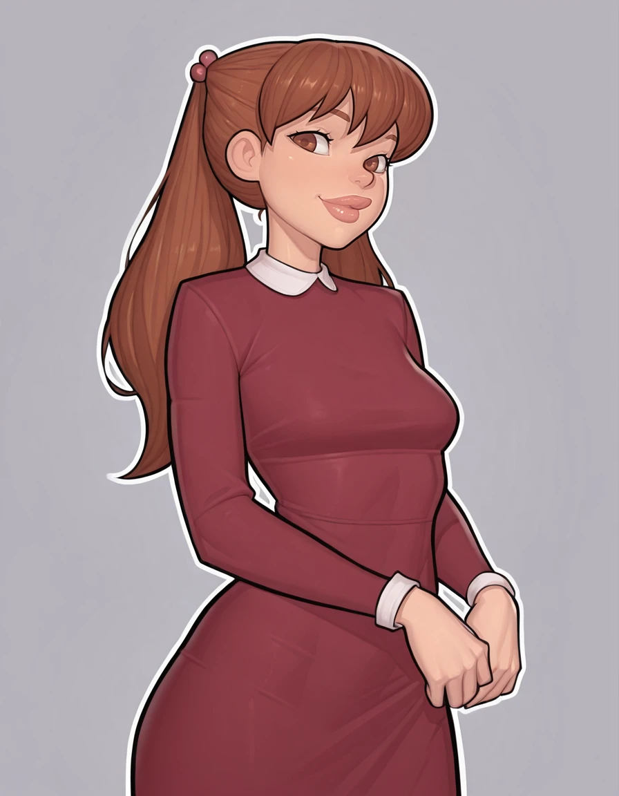 <lora:JuliaHarveyIllustrious1.0:0.8> julia, brown hair, long hair, 1girl, twintails, hair bobbles, thick lips, brown eyes,red dress, looking at viewer, long sleeves, smile, cowboy shot,asura \(asurauser\), simple background,