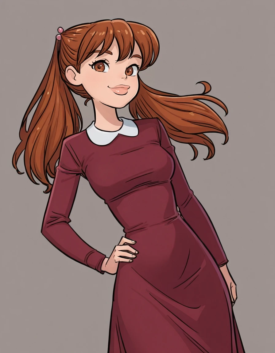 <lora:JuliaHarveyIllustrious1.0:1> julia, brown hair, long hair, 1girl, twintails, hair bobbles, thick lips, breasts, brown eyes,red dress,, looking at viewer,hand on hip, cowboy shot,simple background, long sleeves, smile,