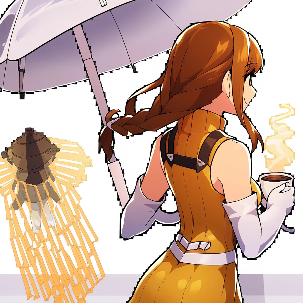 short dress, umbrella, smile, white footwear, white background, solo, portrait, upper body, braid, turtleneck, cup, elbow gloves, bangs, from behind, floating, weapon, 1girl