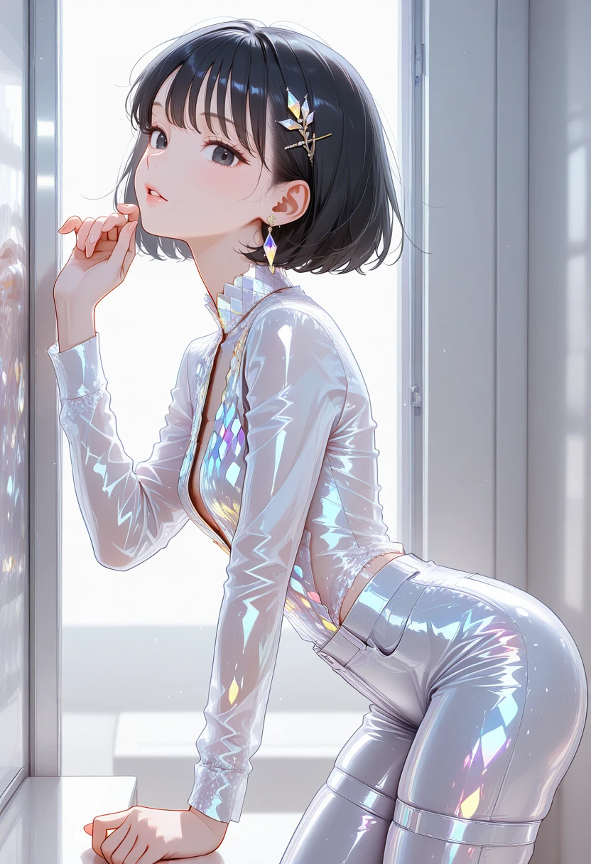 1girl,best quality, amazing quality cowboy shot, simple background,((outlined outlined vector graphics)),
20yo, black hair, black eyes, short bob hair, hair pin,mdeium  breast, slender,(white thigh strap:1.1), 
 side view ,  looking at viewer ,
  looking at viewer,, jewelry, white hair, earrings, parted lips,indoors,, lips,gold rainbow crystal outfit,rainbow crystal outfit , rainbow crystal dress, long sleeve ,   standing ,  leaning forward ,  , ,   , ,pants, (clothed:1.2) ,(clothed:1.2) ,shirt <lora:rainbow-crystal-il-20:1>
