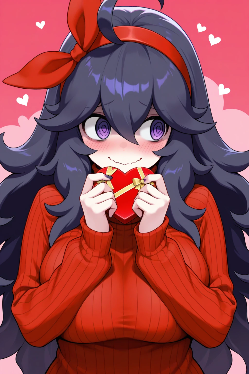 masterpiece, best quality, very aesthetic, hex maniac \(pokemon\), 1girl, ahoge, alternate costume, averting eyes, black hair, blush, bow, bow hairband, box, breasts, hair between eyes, hairband, hand to own mouth, hands up, heart, heart-shaped box, holding, holding heart, huge ahoge, large breasts, long hair, long sleeves, purple eyes, red bow, red hairband, red sweater, ribbed sweater, smile, solo, sweater, turtleneck, turtleneck sweater, upper body, wavy mouth