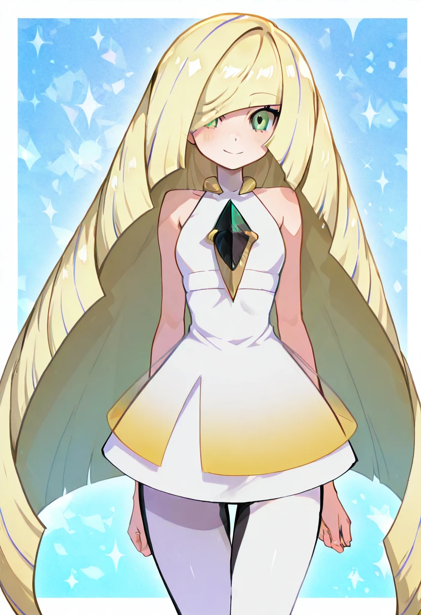 masterpiece, best quality, solo, curvy, beautiful eyes, zzLusamine, green eyes, blonde hair, long hair, very long hair, hair over one eye, bangs, white dress, sleeveless dress, diamond (shape), green gemstone, bare shoulders, white leggings, , <lora:LusaminePokemon_IXL:1.0>,, smile, looking at viewer, cowboy shot, <lora:HaradaTakehitoIXL_v3:0.8>, <lora:ZankuroIXLLight_v2:0.3>, <lora:SpicyIXL:0.6>,