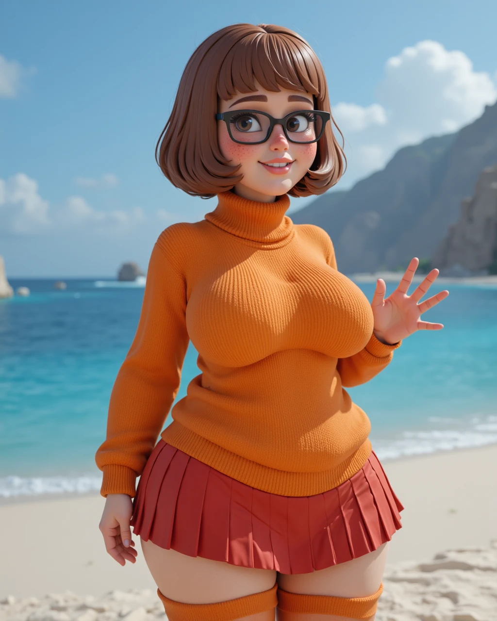 xyzvelma, NSFW, nude, beautiful, full figure, cycles render, brown hair, bob cut, glasses, large breasts, brown pubic hair, on the beach