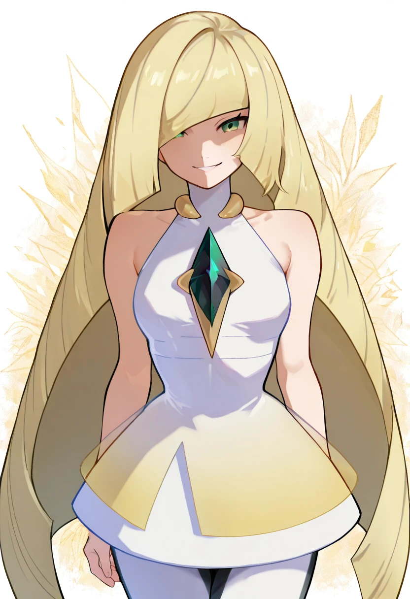 masterpiece, best quality, solo, curvy, beautiful eyes, zzLusamine, green eyes, blonde hair, long hair, very long hair, hair over one eye, bangs, white dress, sleeveless dress, diamond (shape), green gemstone, bare shoulders, white leggings, , <lora:LusaminePokemon_IXL:1.0>,, smile, looking at viewer, cowboy shot, <lora:IckpotIXL_v1:1.0>,