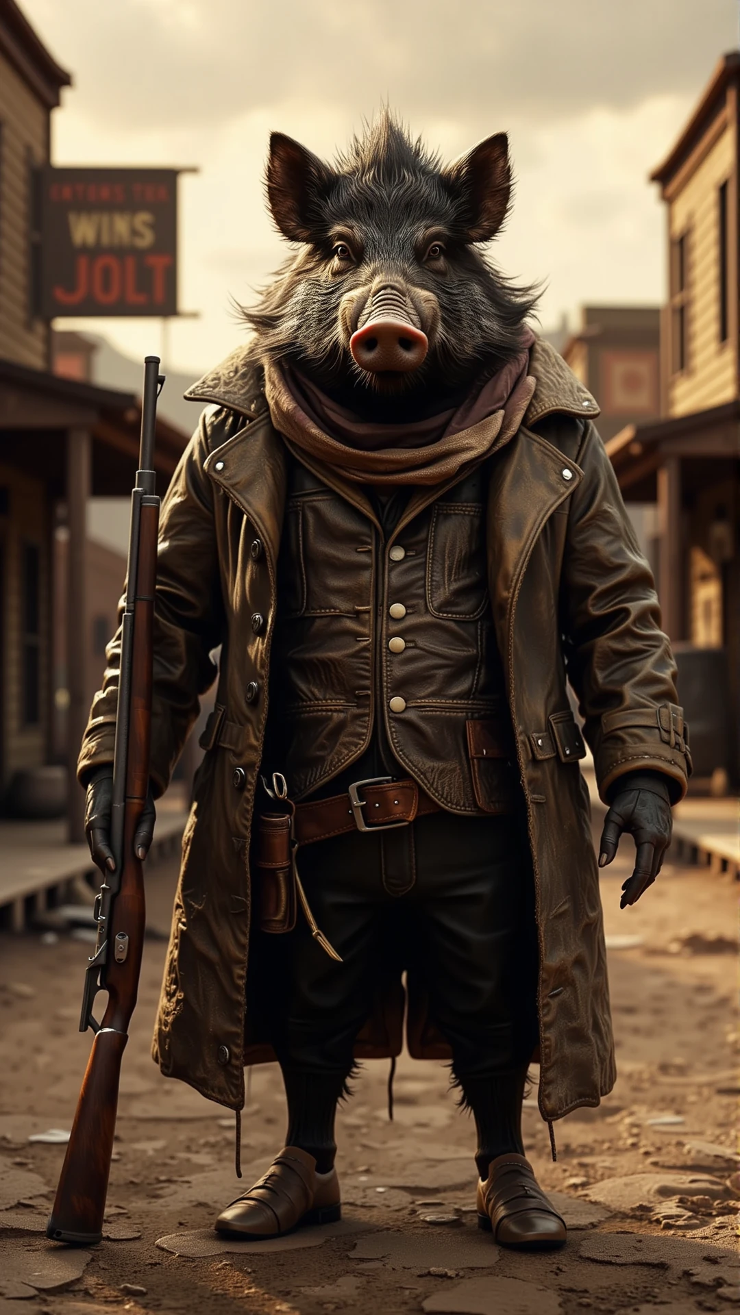 Anthropomorphic wild boar standing tall in the middle of a dusty Western street, wearing a thick leather vest, a worn-out duster coat, and a faded bandana. It grips a well-worn rifle in one hand, scanning the horizon. The background features wooden buildings with broken signs and a setting sun. Highly detailed, realistic textures, western theme, cowboy, gunslinger, rifle, rugged aesthetic.
<lora:ral-anthropomorphic-flux:1>