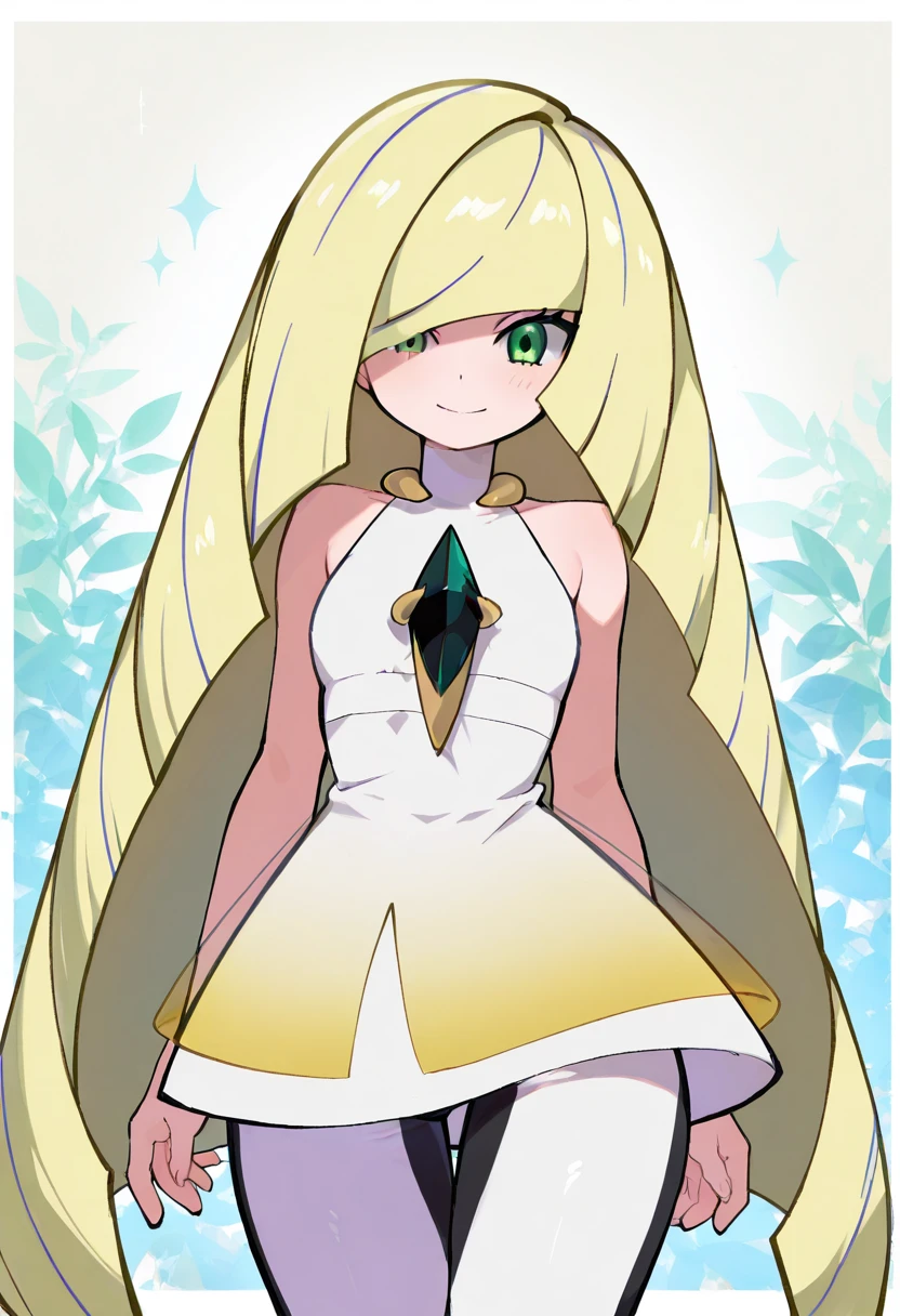 masterpiece, best quality, solo, curvy, beautiful eyes, zzLusamine, green eyes, blonde hair, long hair, very long hair, hair over one eye, bangs, white dress, sleeveless dress, diamond (shape), green gemstone, bare shoulders, white leggings, , <lora:LusaminePokemon_IXL:1.0>,, smile, looking at viewer, cowboy shot, <lora:ZankuroIXLLight_v2:0.8>,