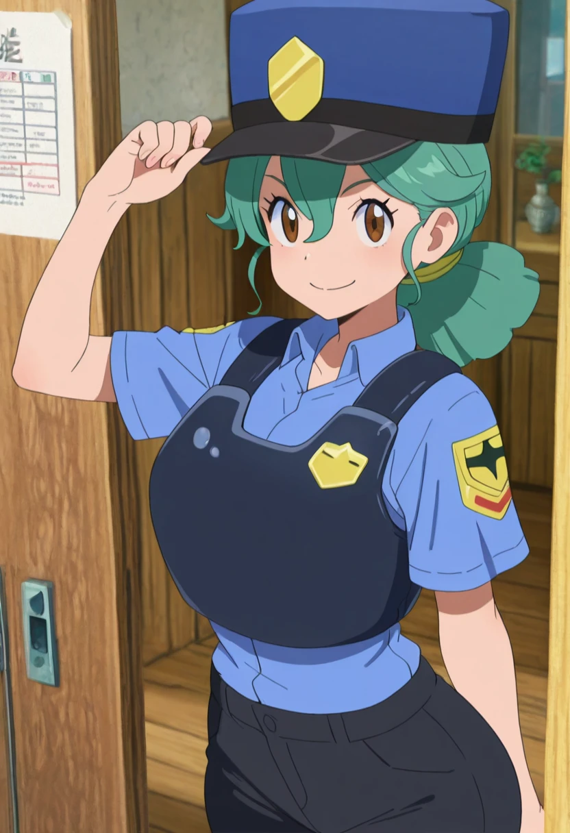 masterpiece, best quality, solo, curvy, beautiful eyes, zzJenny, brown eyes, hair between eyes, green hair, long hair, ponytail, short hair, police uniform, policewoman, shirt, police hat, blue shirt, collared shirt, black pants, , <lora:JennySunMoon_IXL:1.0>,, smile, looking at viewer, cowboy shot, <lora:HaradaTakehitoIXL_v3:0.8>, <lora:ZankuroIXLLight_v2:0.3>,