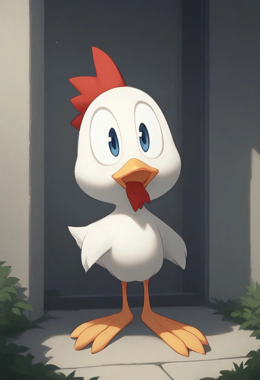 score_9, score_8_up, score_7_up, (best quality:1.1, smooth lighting, furry), ultra-detailed, high resolution, 8k, Cucky the Chicken, white skin, white feathers, yellow beak, red comb, red wattle, yellow feet, BREAK outside, Rich, Detailed background, ambient light