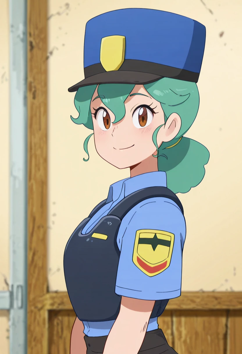 masterpiece, best quality, solo, curvy, beautiful eyes, zzJenny, brown eyes, hair between eyes, green hair, long hair, ponytail, short hair, police uniform, policewoman, shirt, police hat, blue shirt, collared shirt, black pants, , <lora:JennySunMoon_IXL:1.0>,, smile, looking at viewer, side view, upper body, <lora:DiivesIXL:1.0>,