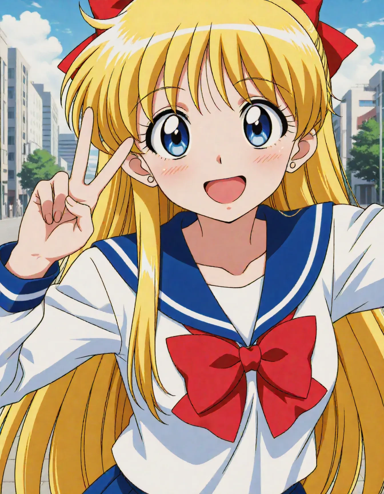 1girl,<lora:dmd2_sdxl_4step:1>,official style,masterpiece,best quality,newest,absurdres,highres,very awa,Anime,anime coloring,anime screencap,<lora:sailor_venus_V4.1:1>,aino minako,solo,blonde hair,long hair,blue eyes,medium breasts,jewelry,earrings,school uniform,sailor collar,skirt,blue skirt,hair bow,white shirt,blue sailor collar,serafuku,shirt,long sleeves,pleated skirt,bow,red bow,red bowtie,bowtie,smile,open mouth,v,hand_to_eyes,city,