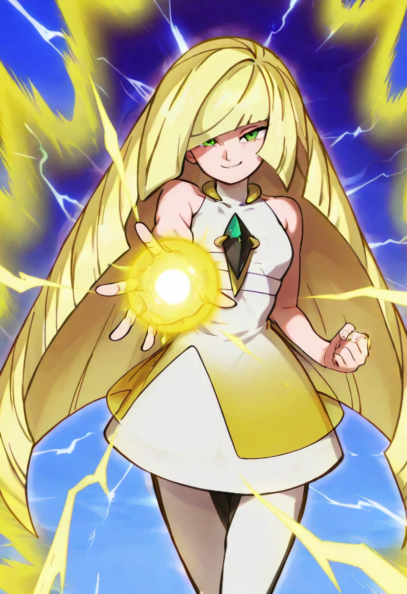 masterpiece, best quality, solo, curvy, beautiful eyes, zzLusamine, green eyes, blonde hair, long hair, very long hair, hair over one eye, bangs, white dress, sleeveless dress, diamond (shape), green gemstone, bare shoulders, white leggings, , <lora:LusaminePokemon_IXL:1.0>,,vivid aura, looking at viewer, blue background, spiked hair, smug, aura, super saiyan, charging energy, energy ball, energy, lightning, <lora:DBSBroly_Style_IXL_v2:0.8>,