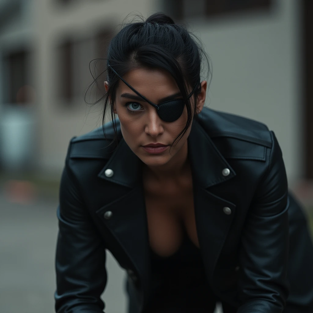 cinematic film still of  <lora:cinematic comic book character style v1:0.7>
cinematic comic book realistic drawing style nick fury a pirate eye brown skin woman in a black leather jacket staring at camera comic book magazine style, solo, breasts, short hair, blue eyes, large breasts, black hair, cleavage, jacket, lips, eyepatch, genderswap, genderswap (mtf), looking at viewer, medium breasts, pants, open jacket, black jacket, leaning forward, leather, leather jacket, makeup, shirt, ponytail, coat, nose, sketch, shallow depth of field, vignette, highly detailed, high budget, bokeh, cinemascope, moody, epic, gorgeous, film grain, grainy