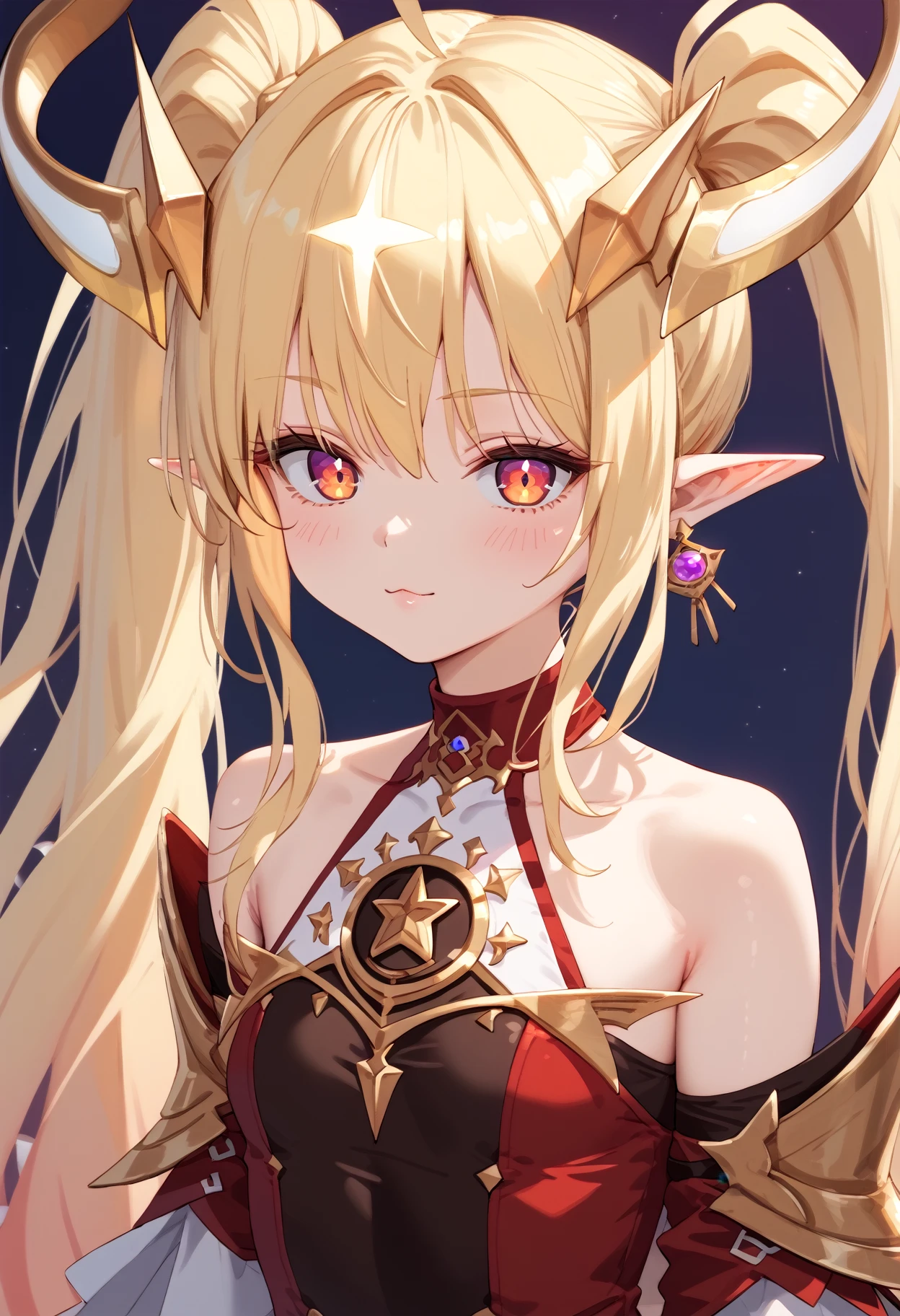 socre_8_up, source_anime, 1girl,solo, <lora:Presencia_Dungeon_and_Fighter_-_PDXL:1>, blonde hair, long hair, twintails, thighhighs, pointy ears, horns,upper body
