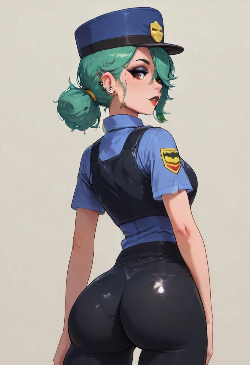 masterpiece, best quality, solo, curvy, beautiful eyes, zzJenny, brown eyes, hair between eyes, green hair, long hair, ponytail, short hair, police uniform, policewoman, shirt, police hat, blue shirt, collared shirt, black pants, , <lora:JennySunMoon_IXL:1.0>,, solo, looking at viewer, simple background, ass, cowboy shot, looking back, from behind, hair over one eye, lips, skindentation, makeup, piercing, cross, lipstick, ear piercing, eyeshadow, shiny clothes, gothic, <lora:ElfFio_IXL_v2:1.0>, <lora:SpicyIXL:0.6>,