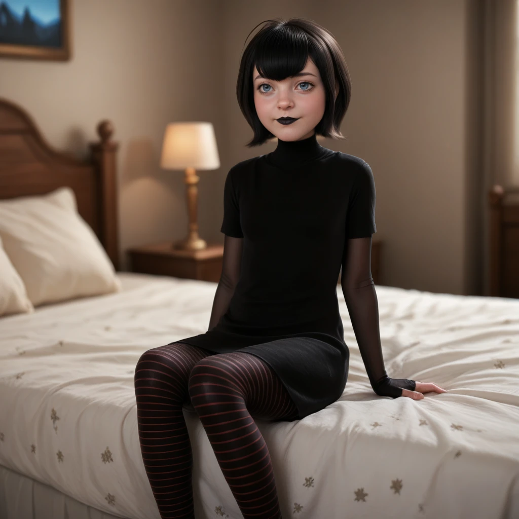 masterpiece, best quality, realistic, photorealistic, MAVISDRACULA, 1girl, solo, teen, black hair, short hair, blue eyes, black lipstick, black dress, short sleeves, sheer elbow gloves, fingerless , striped pantyhose, pantyhose, light smile, depth of field, <lora:MavisDracula_Real_illustrious_Leaf1:1>, on bed,