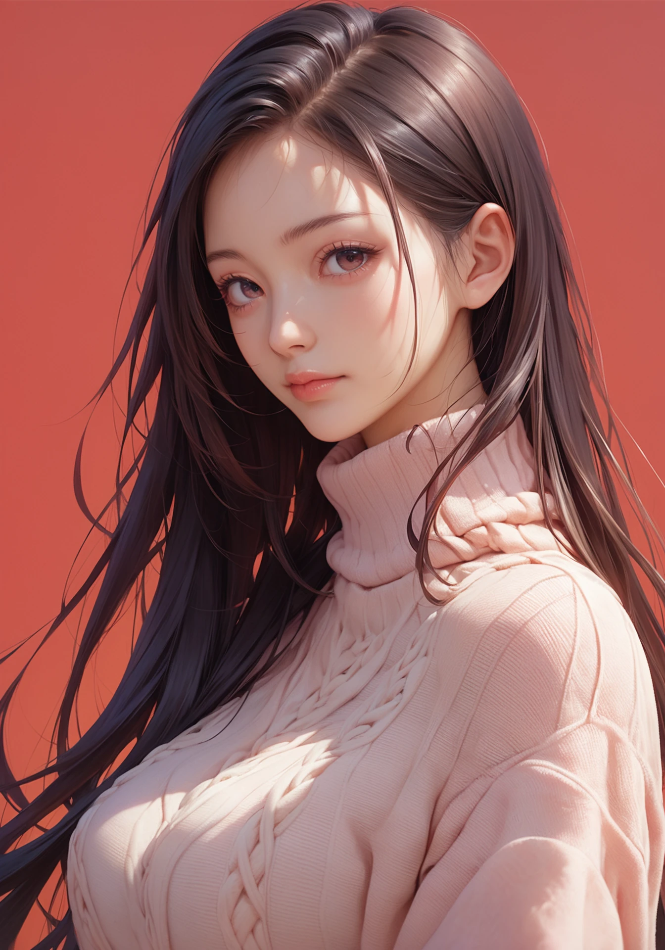 ,score_9,score_8_up,score_7_up, 20 years old, 8k, hd, beautiful girl, black hair, very long hair, straight hair, closed mouth,
1girl, detailed face, beautiful woman's face, sweater, red background, looking at viewer,(simple background), anime, source_anime,