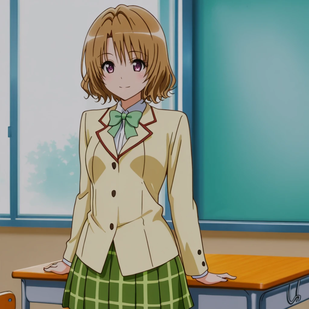 <lora:momioka_illustrious_v1:1> MomiokaSchoolJacket, 1girl, school uniform, skirt, school desk, short hair, jacket, brown hair, bow, blazer, purple eyes, plaid, cowboy shot