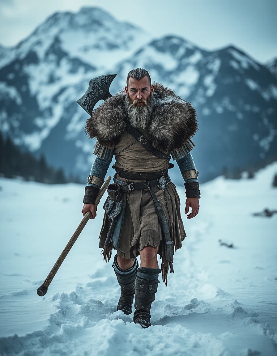 A fierce Viking warrior trudging through a snowy landscape, his heavy fur cloak dusted with frost as icy winds whip through the air. His battle-worn axe rests on his shoulder, and his piercing eyes scan the horizon with determination. The cold, white expanse stretches endlessly behind him, with distant snow-covered mountains barely visible through the swirling mist. His armor, a mix of leather and metal, is worn but sturdy, and intricate Norse engravings glint faintly in the pale winter light. Footprints trail behind him in the fresh snow, adding to the sense of an epic journey. The atmosphere is harsh yet breathtaking, capturing the raw power and resilience of the Viking spirit in a hyper-realistic, cinematic style.