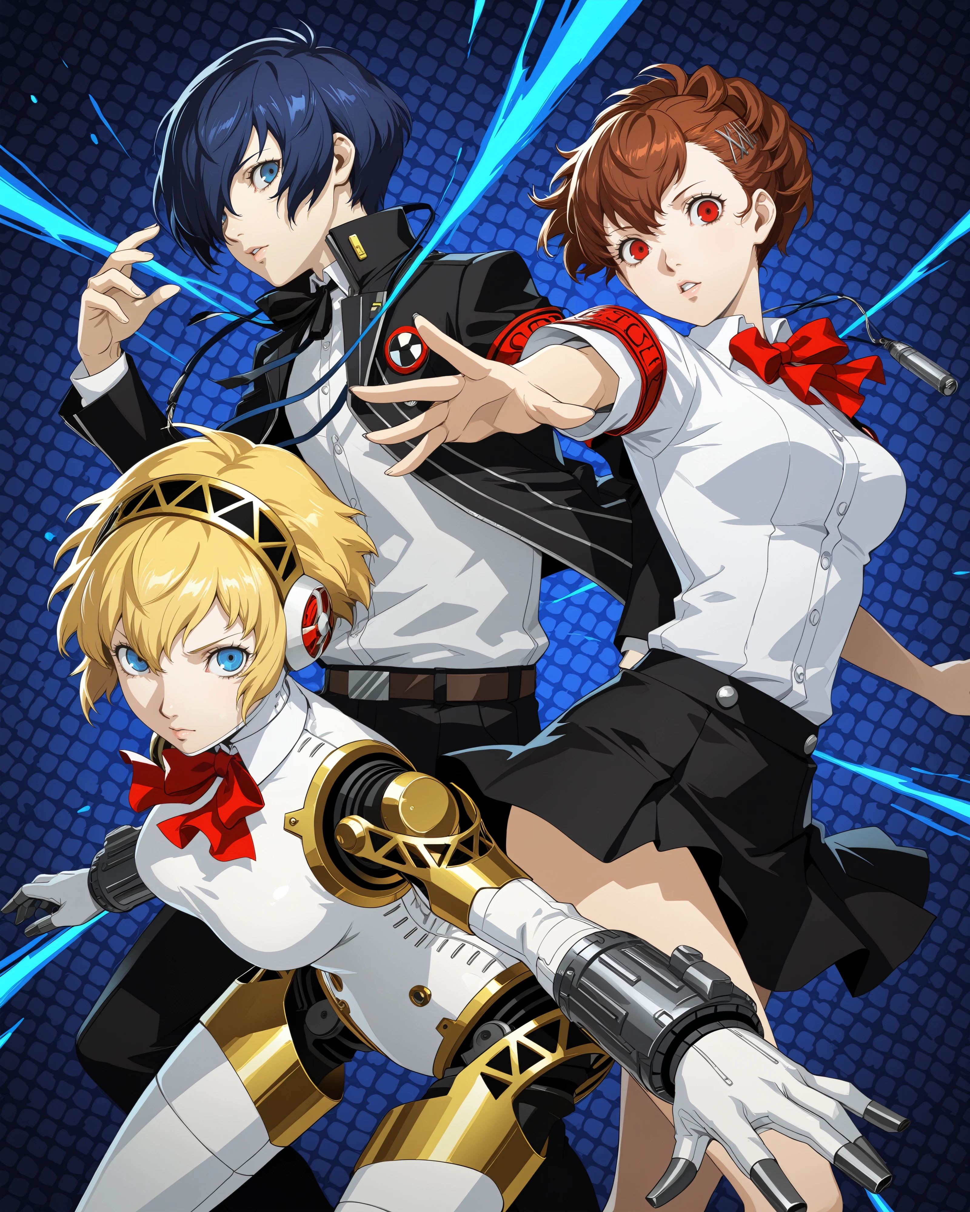 persona, patterned background, looking at viewer, large breasts, action pose, aegis \(persona\), robot joints, yuuki makoto \(persona 3\), 2girls, 1boy, blonde hair, shiomi kotone, blue eyes, school uniform,, masterpiece, very awa, best quality, amazing quality, very aesthetic, absurdres, newest, intricate details