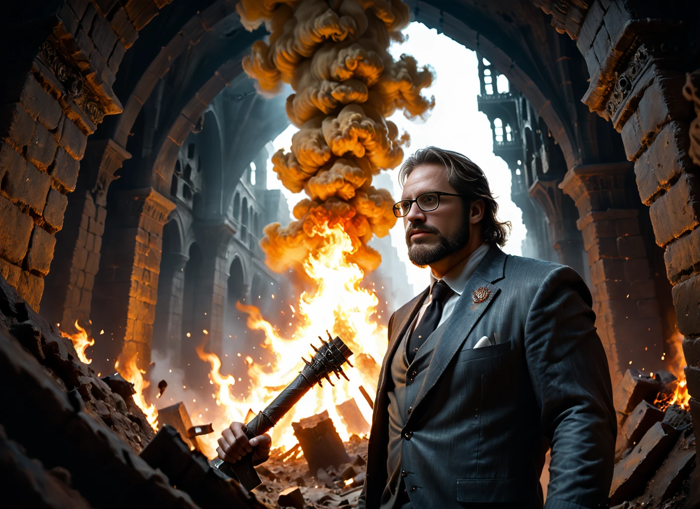 realistic, solo, dark fantasy art, apocalyptic, exaggerated facial expressions and body language, in the style of Michael Bay, extreme angle perspective, Dutch angle, view askew, angled side profile, depth of field, three dimensional wireframe composition, pornographic perspective, view from above, epic scale, wide angle lens, Lucifer as Prog420ress, jacket, full body, black-framed eyewear, beard, hell, fire,  portrait, formal, boots, facial hair, teeth, blood, holding a Chereb  <lora:Prog420_Avatar_Pony:0.8> <lora:Prog420_Red_Everliving_Pony:0.4> <lora:Explosion Artstyle - Trigger is Explosion Artstyle_121694:0.4> Explosion Artstyle