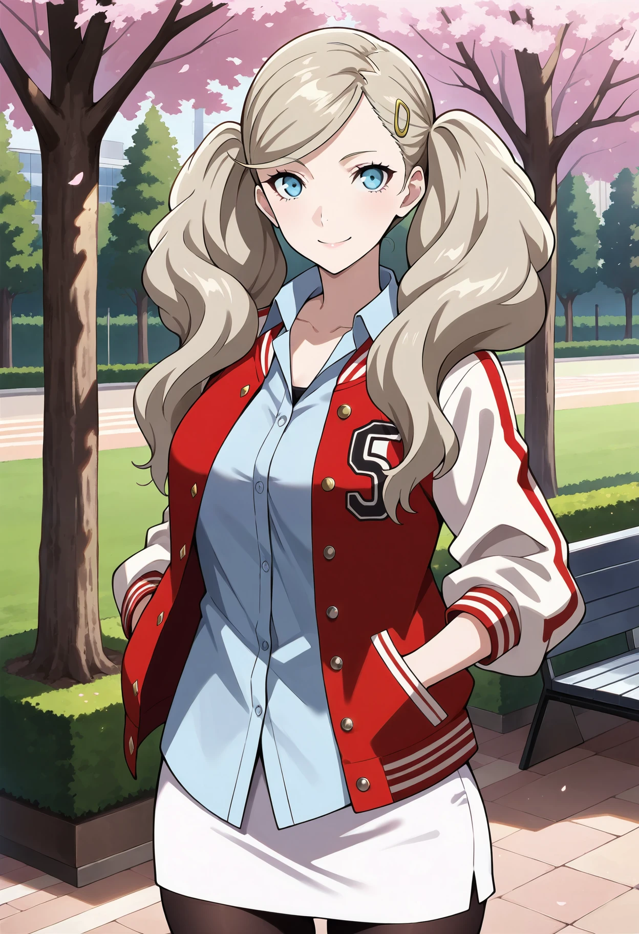 (masterpiece, best quality, hyper-detailed :1.3),
1 girl, solo,
p5ann, takamaki anne, blonde hair, long hair, twintails, swept bangs, hair clip,
p5ann-wincas, letterman jacket, open clothes, dress shirt, blue dress shirt, pencil skirt, white skirt, black pantyhose,
outside, park, standing, smile, looking at viewer, cowboy shot,
masterpiece, best quality, ultra detailed,