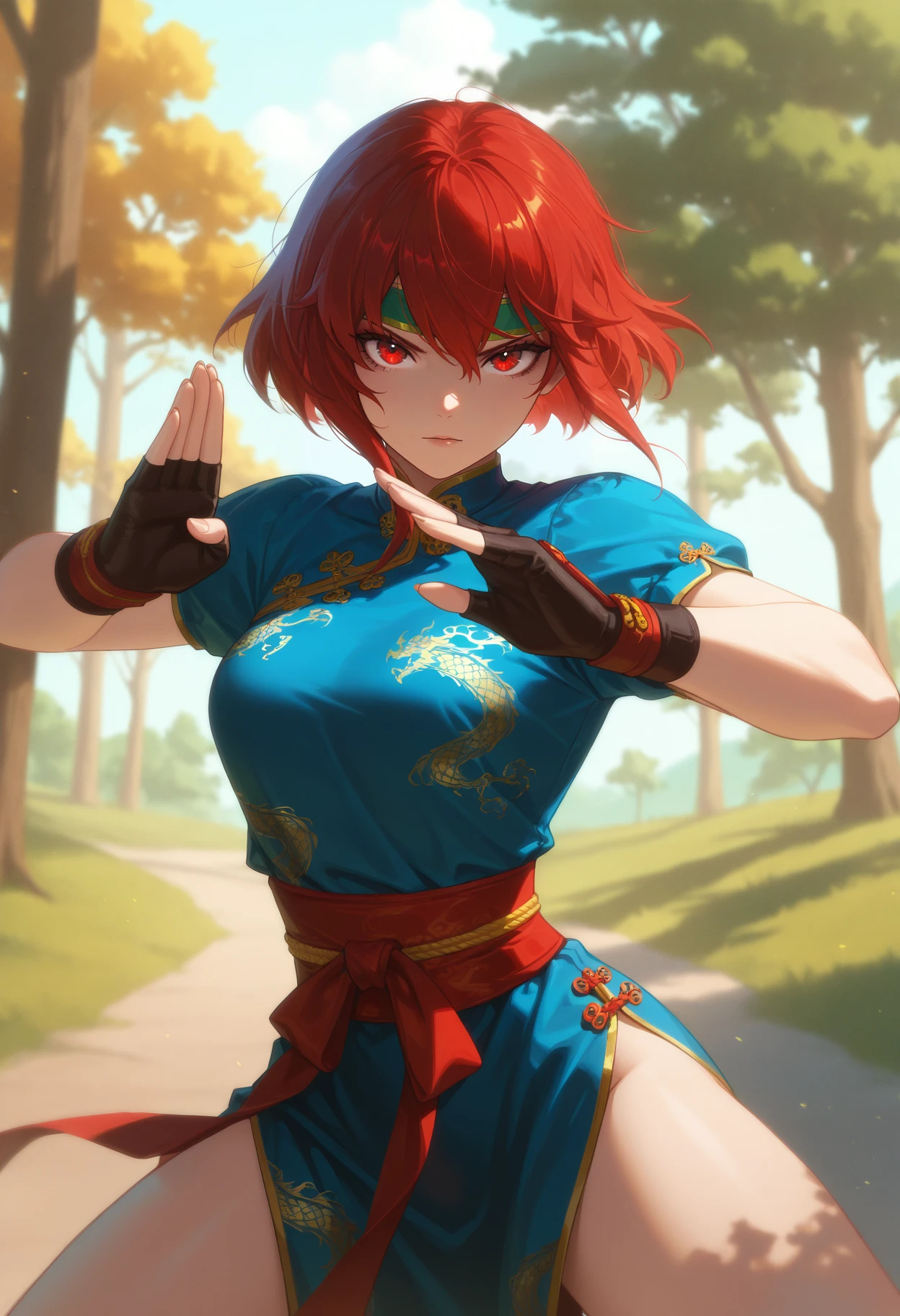 masterpiece, best quality, 1girl, solo, <lora:NSMinervaFESD:1> NSMinervaBase, red eyes, red hair, short hair, green headband, china dress, blue dress, short sleeves, sash, side slit, fingerless gloves, asian clothes, outdoors, trees, fighting stance, looking at viewer, cowboy shot