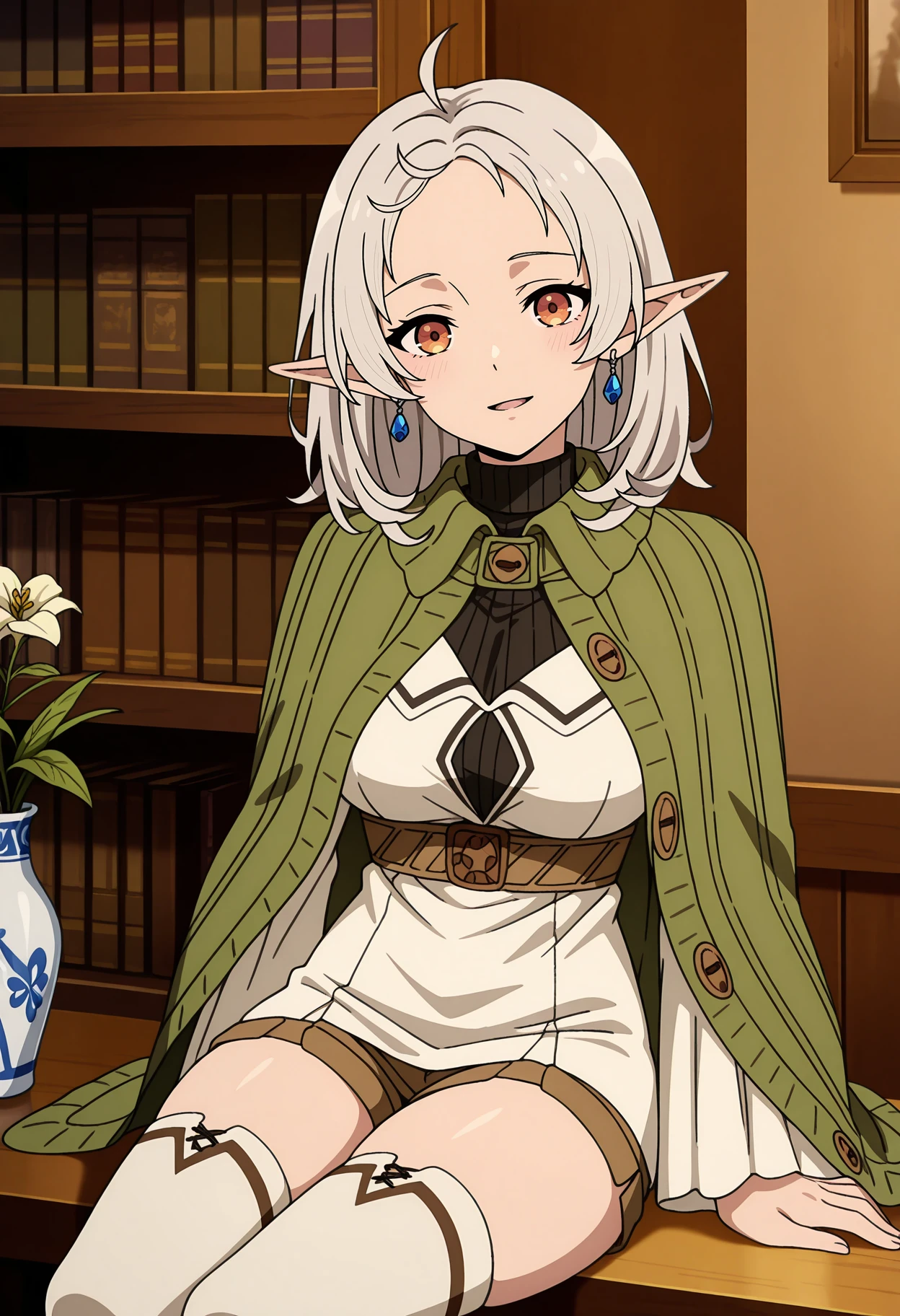 anime screencap, masterpiece, best quality,
<lora:MushokuTensei_Sylphy_IlluXL:0.9>,
1girl, solo, open mouth, light smile, light blush,
grey hair, orange eyes, forehead, ahoge, medium hair, pointy ears, earrings,
SylphyPreg, turtleneck, green cloak, black shirt, white dress, long sleeves, wide sleeves, underbust, brown belt,
short shorts, brown shorts, white thighhighs,
aged up, medium breasts,
head tilt, sitting, looking at viewer,
indoors, wood, bookshelf, vase