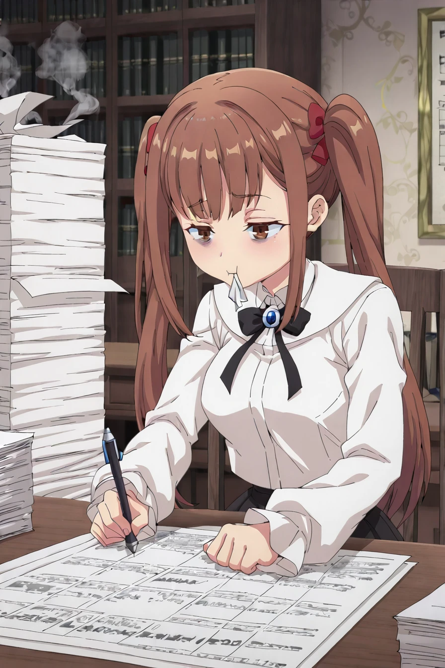 detailed background, shiny skin, posing,
<lora:guilmas.il:1>,
guilmas,
laila,
clothed girl,
desk, holding pen, paper, working, huge paper stack, tired, sit, chair, dead eyes, head on desk, smoke from mouth, eye bags,