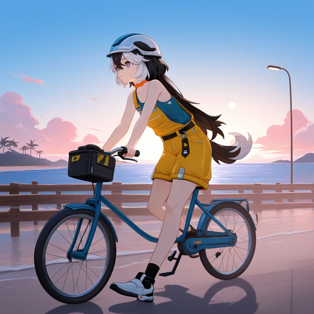 masterpiece, best quality, ultra-detailed, very aesthetic, detailed background, year 2023, very aesthetic, newest, scenery, highres, 4k, absurdres, 8k, colorful,vibrant, glowing, perfect face, 2d, perfect eyes, detailed eyes, 1girl, solo, riding on bicycle, ground vehicle, looking ahead, in motion, pier, ocean, beach, wooden railing, road, street lamp, villa, summer, detailed background, day, sun, sky, clouds, palm trees,
focused, parted lips, helmet, windy, breeze, from side, grey eyes, walking, full body, foreshortening, black socks, two-tone boots, CoralieHi3, Fol002, Cor_Anm, long hair, two-tone hair, black hair, white hair, dog ears, animal ears, dog tail, blue shirt, tank top, breast pocket, overalls, black belt, yellow overalls, overall shorts, orange choker, sleeveless shirt,
masterpiece, best quality, ultra-detailed, very aesthetic, newest, scenery, absurdres, perfect anatomy, perfect legs, perfect face, perfect eyes, clear eyes, beautiful eyes,