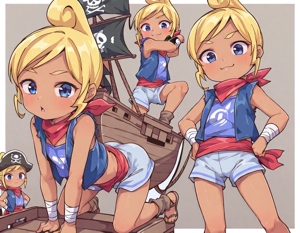 1girl, solo, 1girl, tetra, brown skin, blond hair, hair bum, blue eyes , kanabun, <lora:Kanabun_V2:0.8>, <lora:Tetra:1>, cute pose, pirate ship,