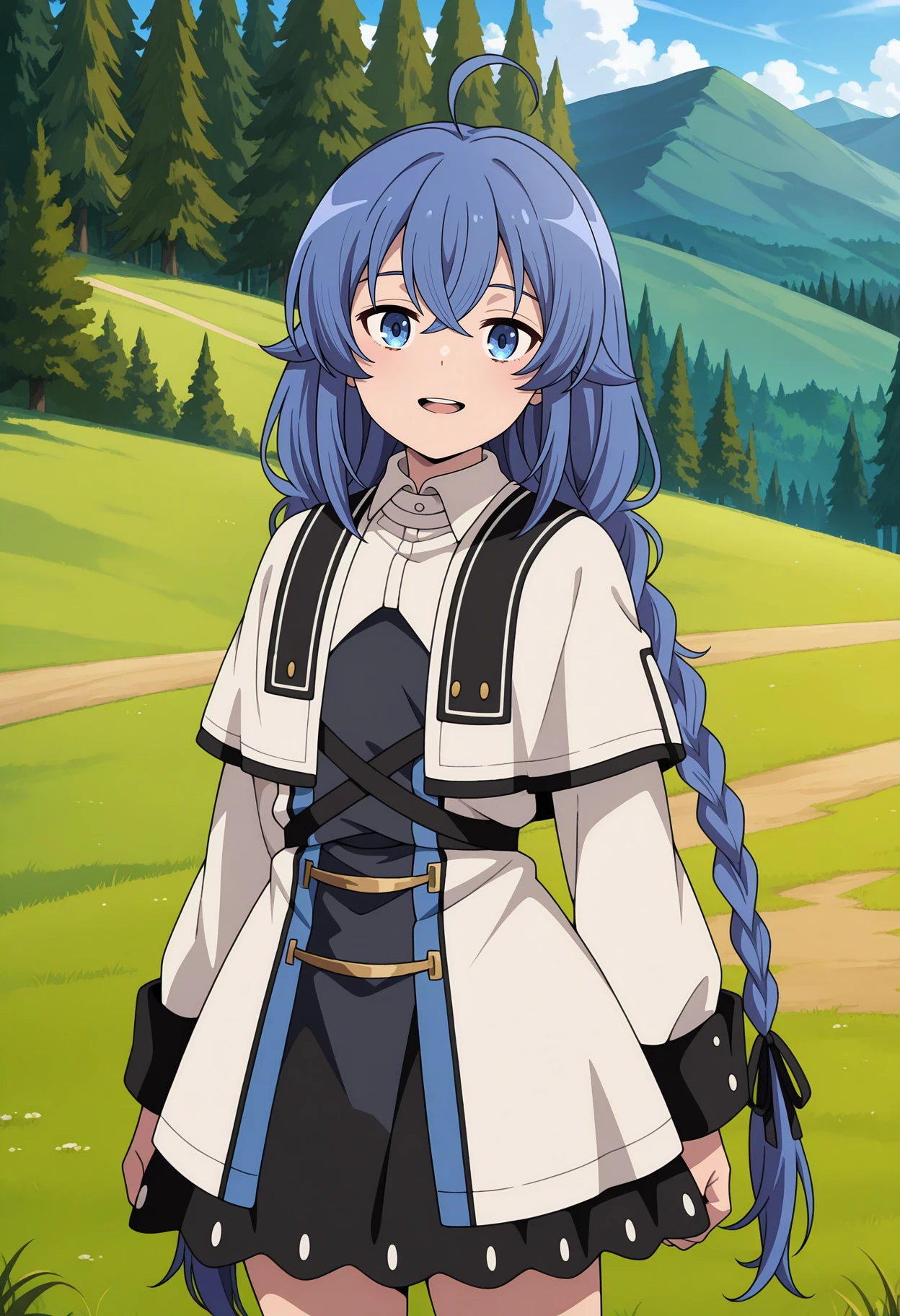 anime screencap, masterpiece, best quality,
<lora:MushokuTensei_RoxyMigurdia_IlluXL:0.9>,
1girl, solo, open mouth, light smile, upper teeth only,
long hair, crossed bangs, twin braids, blue hair, long hair, blue eyes, ahoge, hair ribbon, black ribbon,
RoxyDress, white capelet, layered dress, cross-laced clothes, long sleeves, black skirt,
standing, looking at viewer, cowboy shot,
forest, mountainous horizon, grass, nature, day