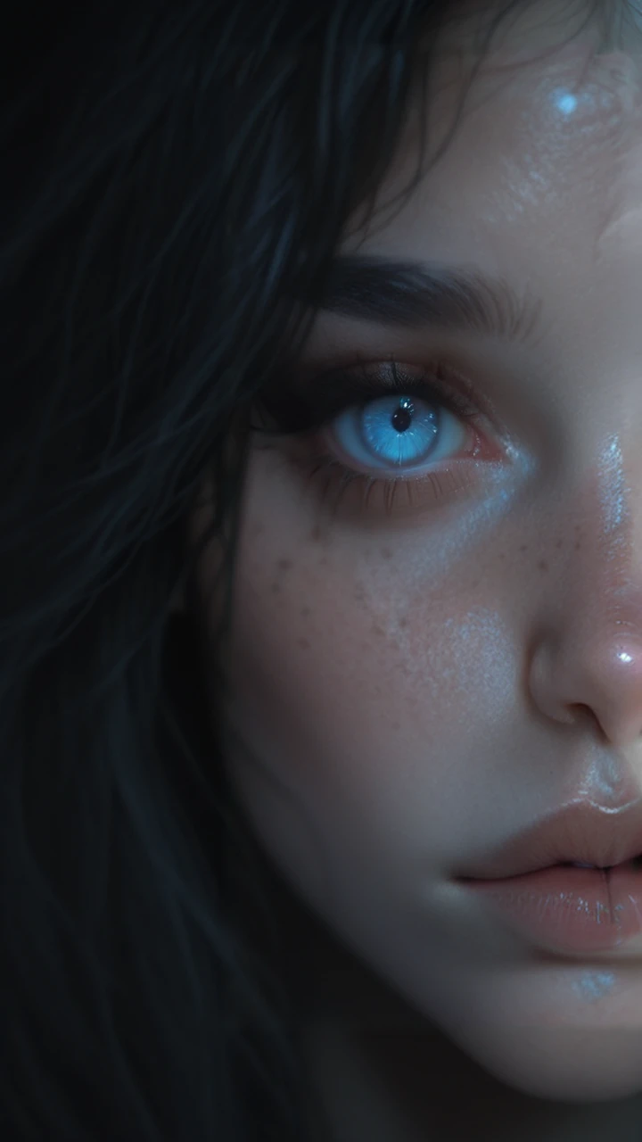 A stunning portrait of a woman with striking blue eyes, soft natural lighting, intricate skin details, delicate freckles, 85mm f/1.4 DSLR photography, realistic depth of field, cinematic composition, HDR, ultra-sharp focus.