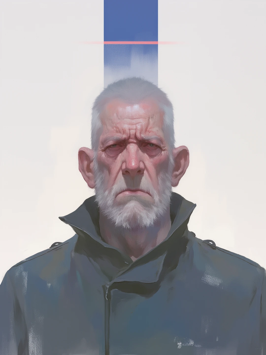 xijie-blue,a digital painting of a middle-aged, elderly bald man with a stern expression, heavy-set with graying facial hair, he wears a dark, high-collar coat and stands against a minimalist background of blue and red bands on a white canvas, featuring a surreal, abstract art style,xijie-blue