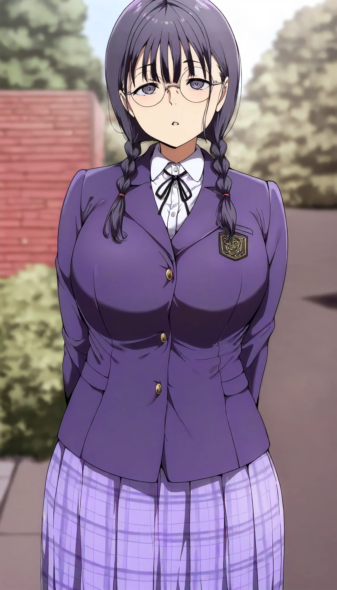 <lora:OTtnSwSnKI_miyoshiXLIllustrious001>,
masterpiece,best quality,good quality,newest,
outdoors,
parted lips,
looking at viewer,
solo,
anime coloring,
miyoshi\(otaku_tomodachi_to_no_sex_wa_saikou_ni_kimochi_Ii\),1girl,purple black hair,twin braids,purple black eyes,round eyewear,
large breasts,
school_uniform,blazer,
plaid skirt,