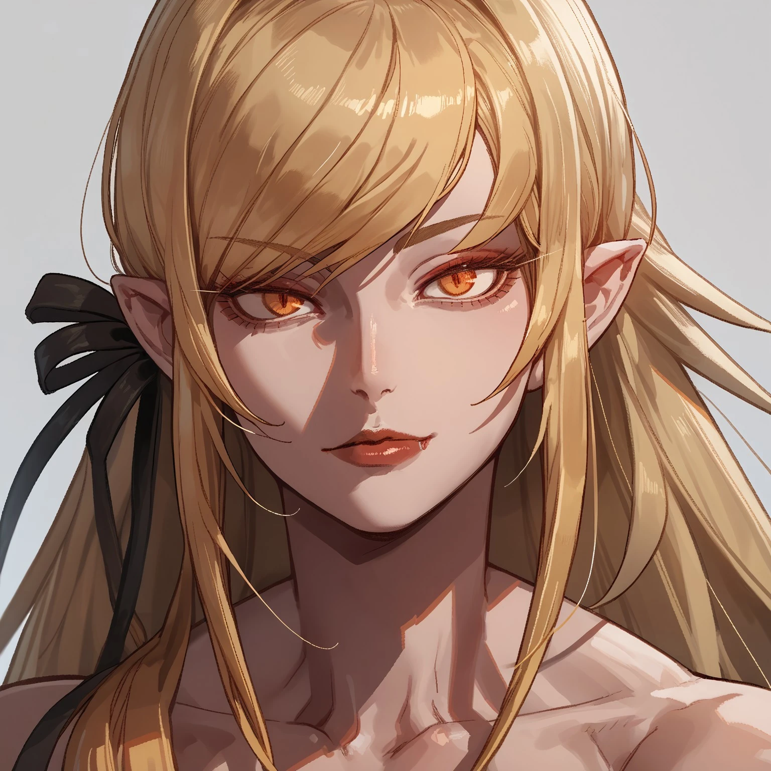 score_9, score_8_up, score_7_up, k15s, 1girl, solo, black ribbon, very long hair, face, head shot, yellow eyes, bare shoulders, vampire, pointy ears, looking at viewer, mature female, orange eye shadow, blonde