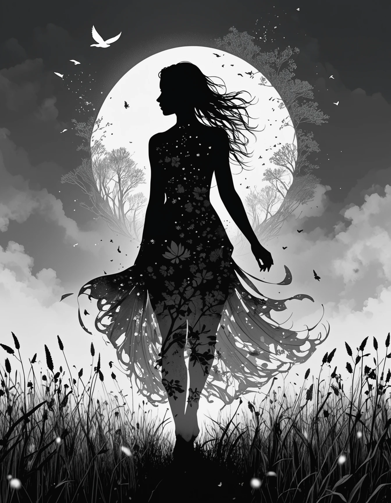 Midjourney, Midjourney style, realism, cinematic quality, Double exposure illustration of a goddess silhouette integrated with a spring field, goddess details blended into the backdrop, monochrome background in sharp focus, full color, crisp lines inspired by Jean Baptiste Monge, Thomas Kinkade, David Palumbo, Carne Griffiths, CG graphics, high quality, 8K Ultra HD, vivid colors, cinematic