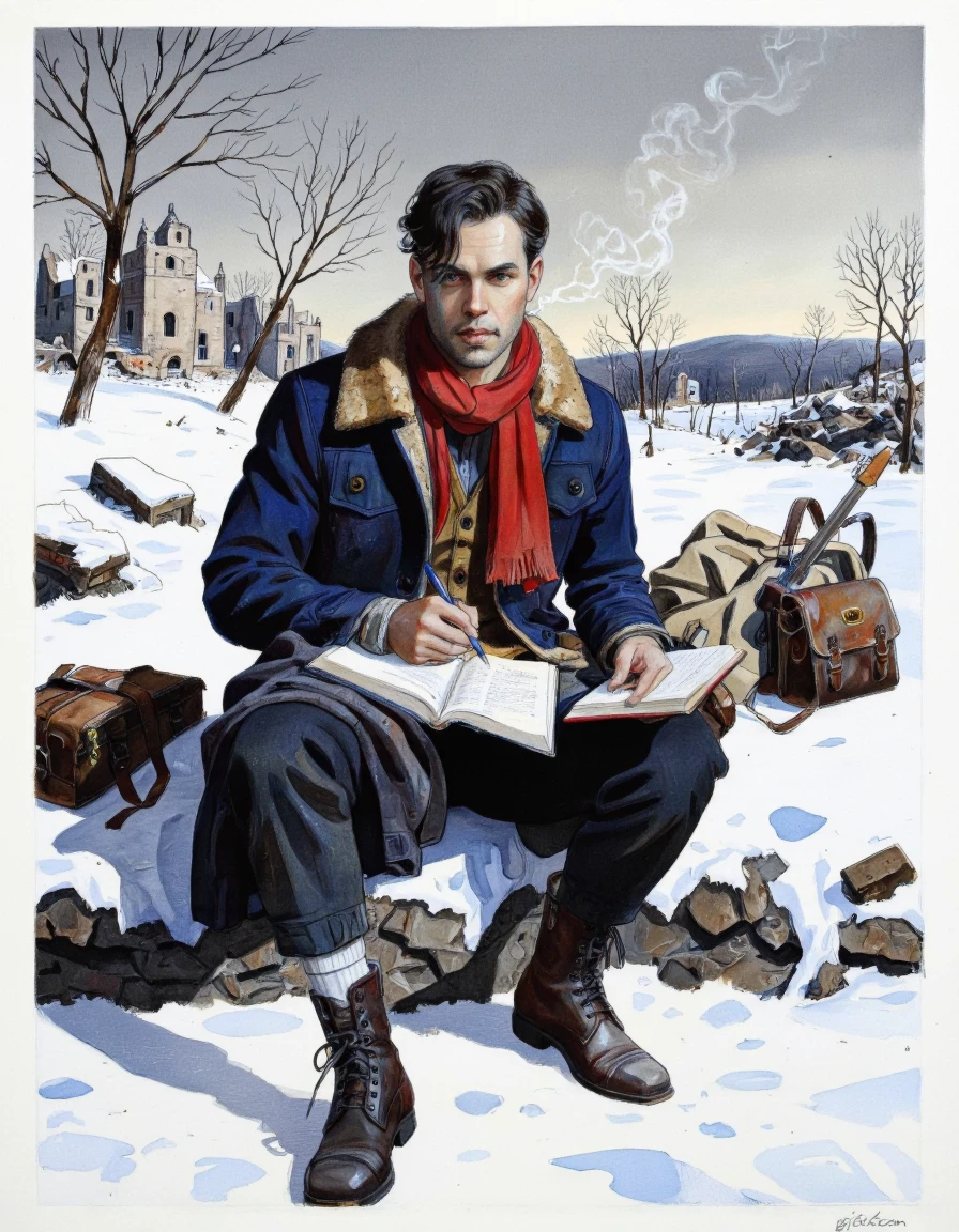 By Jean-Pierre Gibrat. A realistic digital illustration shoot from the side about a man sitting in a snowy environment, writing in a notepad while smoking, wearing a blue coat and a red scarf. the man, who appears to be in his mid-twenties, is sitting in the middle of the image, with a serious expression on his face, looking directly at the viewer. he has short, dark hair and a beard, and is wearing a dark blue coat with a fur trim, along with a pair of dark boots. he is holding a pen in one hand and a book in the other, and has a cigarette in his mouth. the background shows a snowy landscape with a few trees and ruins, and the overall atmosphere is cold and desolate. the artist's signature, "gibson," is visible in the bottom right corner, adding a personal touch to the image.
solo, looking at viewer, short hair, black hair, holding, closed mouth, sitting, male focus, outdoors, signature, coat, scarf, holding pen, book, cigarette, boots, snow, bag, coat over one leg, holding book, rifle, smoking, guitar, snowing, cigarette in mouth, bandaged leg, red scarf
camera_angle: from side, art_style: digital illustration, location: snowy landscape, background: ruined buildings and trees, text: NA, distance_to_camera: upper body, clothing: blue coat, image_composition: middle, pants: dark blue pants, accessory: red scarf, shoes: dark boots, action: sitting, writing, facing_direction: facing viewer, facial_expression: serious, ear: NA;NA, eye_color: brown eyes, gender: 1man, hair_ color: dark brown hair, hair style: long hair, race: light skin, body: slim