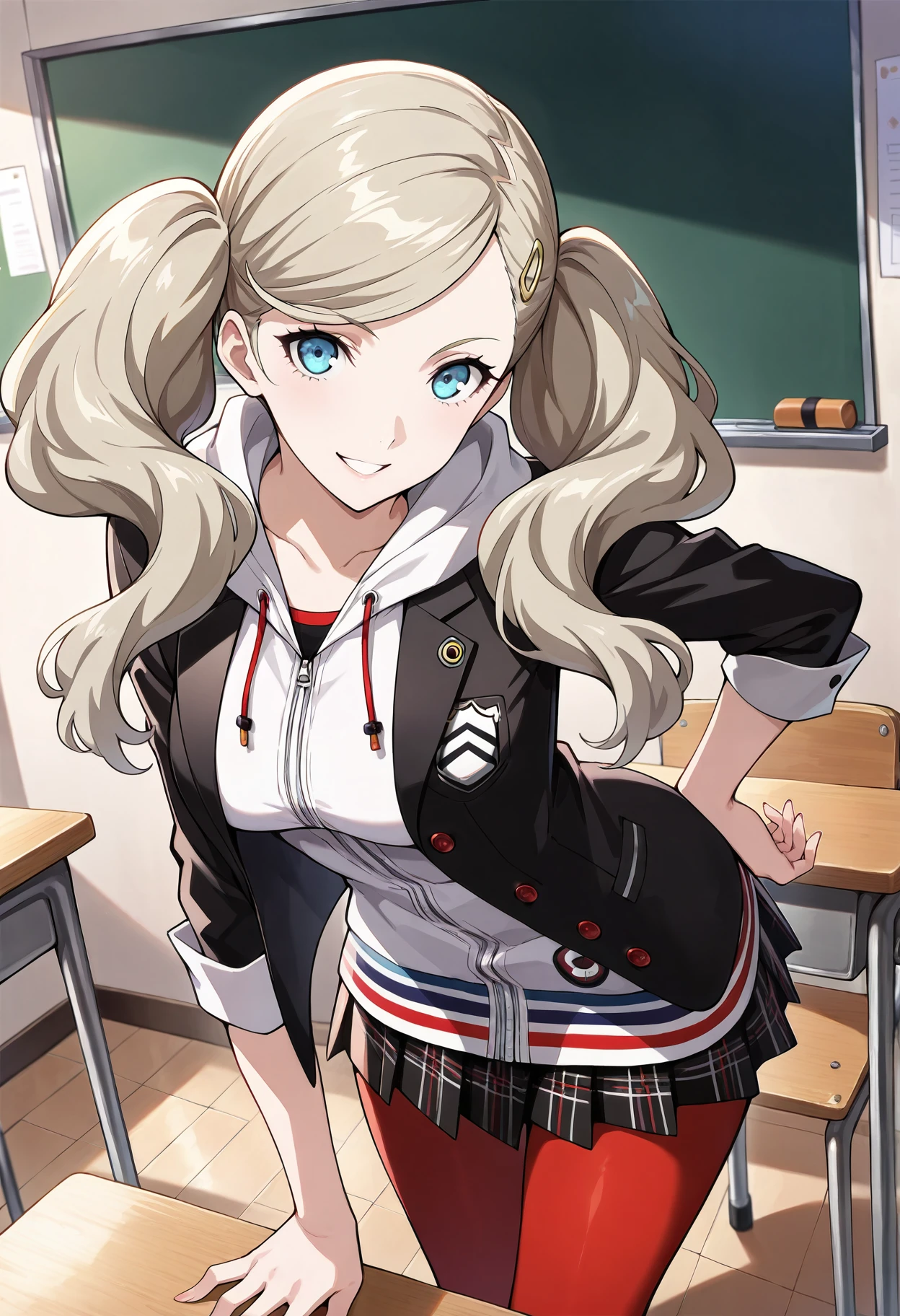 (masterpiece, best quality, hyper-detailed :1.3),
1 girl, solo,
p5ann, takamaki anne, blonde hair, long hair, twintails, swept bangs, hair clip,
p5ann-winuni, blazer, black blazer, school emblem, layered clothes, jacket, open jacket, hood, pantyhose, red pantyhose, miniskirt, plaid skirt, hoodie, hood, hood down, shuujin academy school uniform, sleeves rolled up
classroom, standing, smile, teeth, looking at viewer,
masterpiece, best quality, ultra detailed,