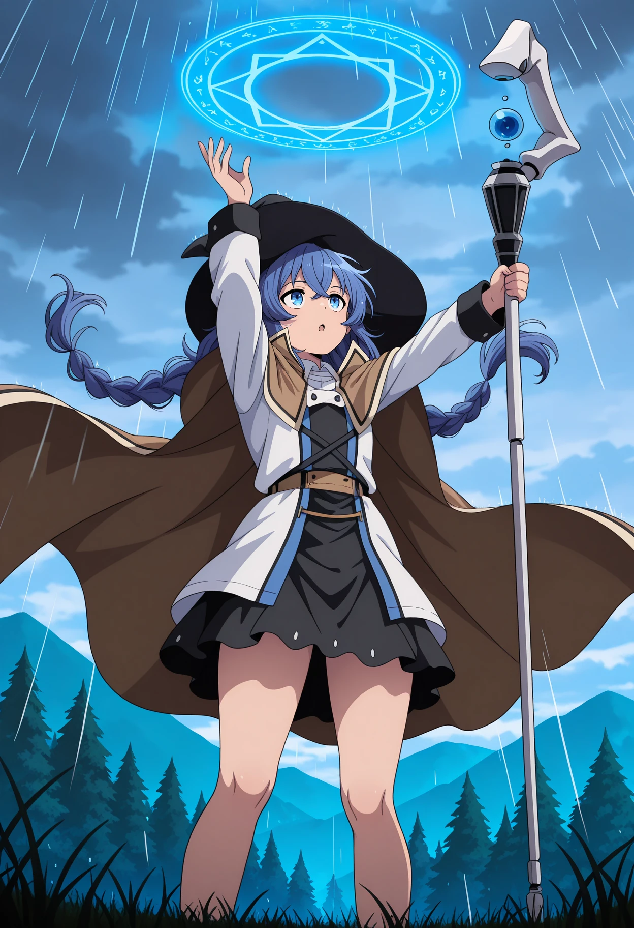 anime screencap, masterpiece, best quality,
<lora:MushokuTensei_RoxyMigurdia_IlluXL:0.9>,
1girl, solo, :o,
long hair, crossed bangs, twin braids, blue hair, long hair, blue eyes,
RoxyDress, black witch hat, brown cape, layered dress, cross-laced clothes, long sleeves, medium skirt, black skirt,
holding staff, mage staff, casting magic, magic circle, blue theme, floating hair, floating cape,
standing, arms up, looking up, thighs, from below,
forest, mountainous horizon, grass, nature, cloudy sky, overcast, rain, raining, cloud, grey sky